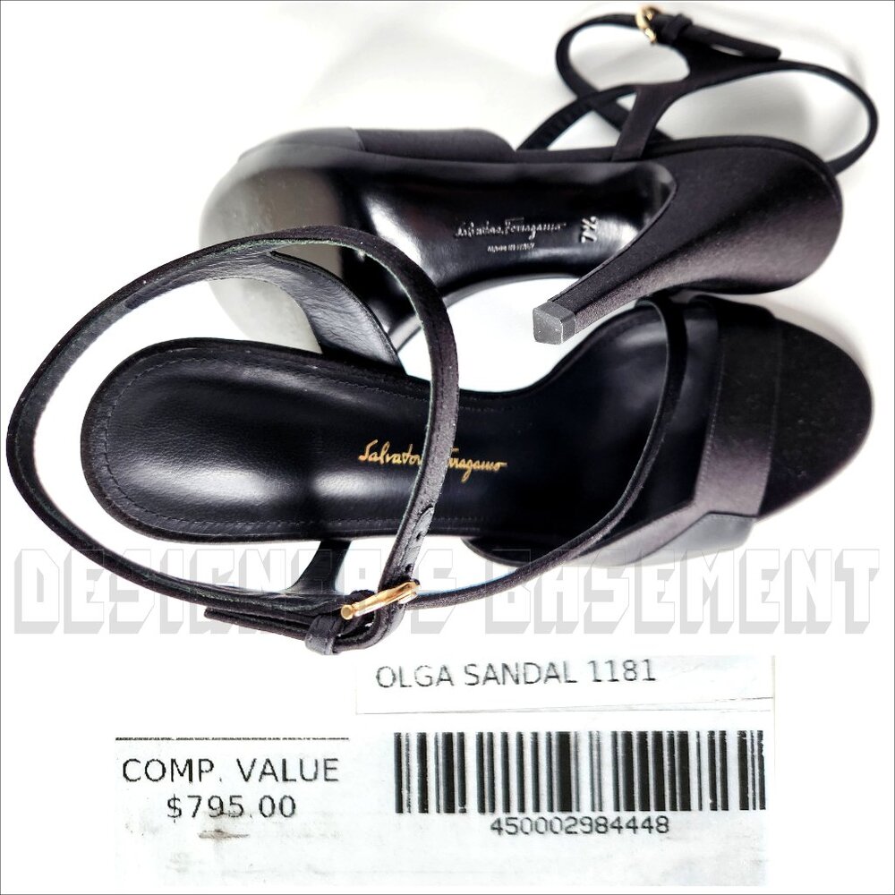 SALVATORE FERRAGAMO Black leather & satin 7.5 OLGA Slingback Heel Sandals NIB - Picture 3 of 8